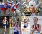 Όλγα Kaniskina 20 πρωταθλητής με τα πόδια χιλιόμετρα, Anisia Kirdiapkina και Βέρα Sokolova (2η και 3η) του Ευρωπαϊκού Πρωταθλήματος Στίβου της Βαρκελώνης 2010